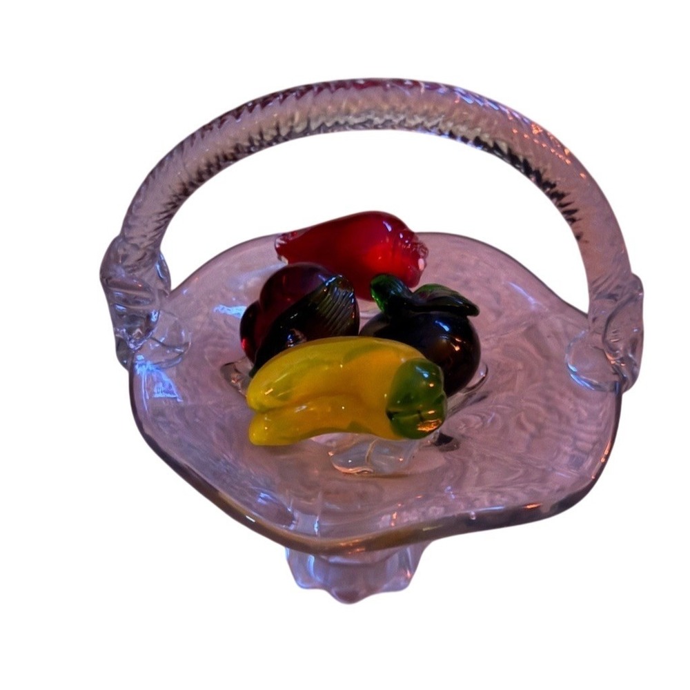 Vintage Art Glass Fruit Basket Dish Pedestal Base Handle Clear Bowl